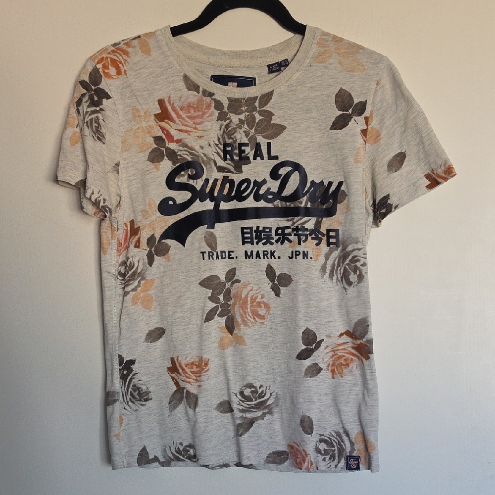 Superdry Cream Floral Logo Tee with Navy Script